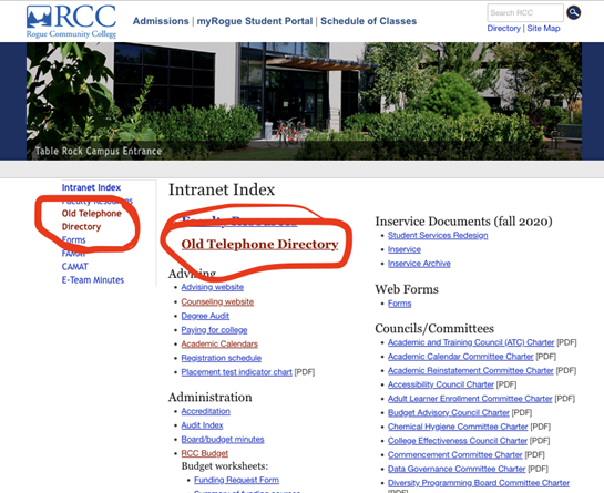 A screenshot showing where to find the old telephone directory on the Intranet