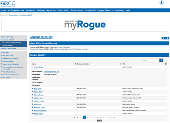 A screenshot of the myRogue directory with links for staff email